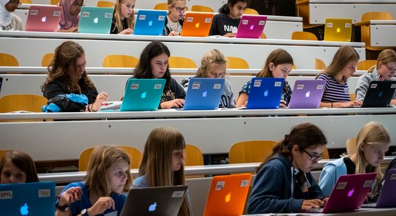  Des MacBooks colorés dans un cours universitaire